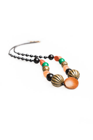 Black, Green & Terracotta Beaded Necklace