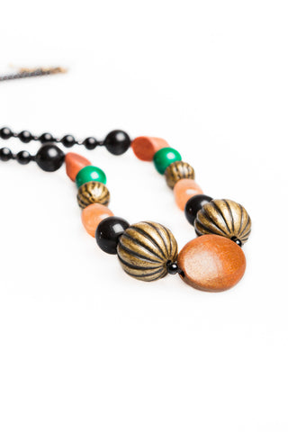 Black, Green & Terracotta Beaded Necklace